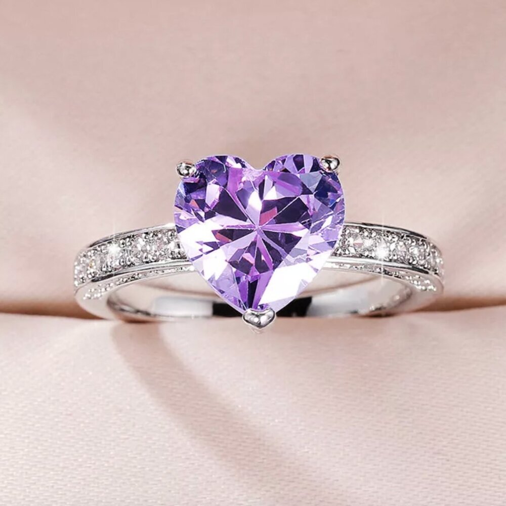 925 Sterling Silver Amethyst Diamond Heart Ring Purple Stone Ring